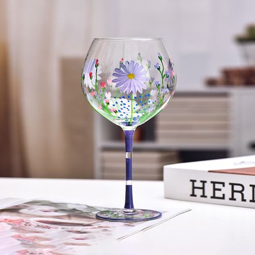 22.2oz,Wine Glasses,Crystal White Wine Glasses,Red Wine Glass Set,Hand Drawn Summer Flowers Glass Cup,Long Stem Wine Glasses,Clear Lead-Free Premium Blown Glassware