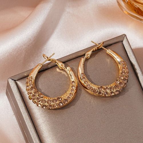 Gold-Tone Double-Row Champagne-Brown Rhinestone Hoop Earrings: Luxe Sparkling Statement Hoops