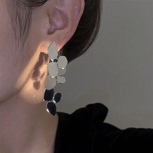 Silver-Tone Irregular Leaf Fragment Mirror-Finish Long Drop Earrings