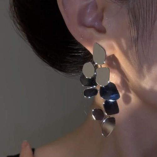 Silver-Tone Irregular Leaf Fragment Mirror-Finish Long Drop Earrings
