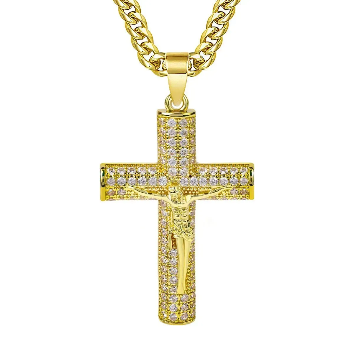 Hot-selling Large-sized Diamond-encrusted Cross Pendant with 18K Gold-plated Cuban Chain Necklace - Hip-hop Style Fashion Jewelry