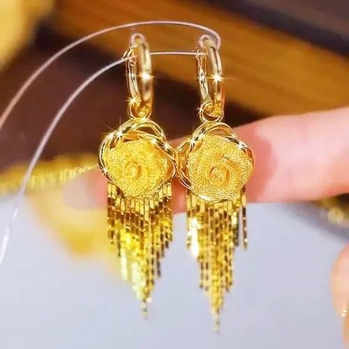 Gold-Tone Textured Rose Flower Tassel Chain Hoop Drop Earrings