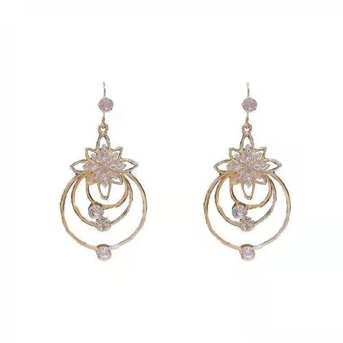 Gold-Tone Five-Petal Crystal Flower Multi-Layer Hoop Earrings