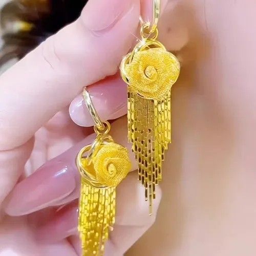 Gold-Tone Textured Rose Flower Tassel Chain Hoop Drop Earrings