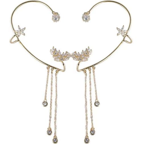 Crystal-Embellished Long Tassel Wrap-Around Ear Cuff (Star & Leaf Design)