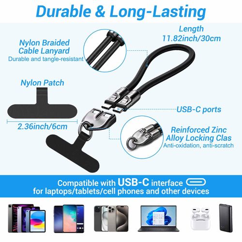 2-in-1 USB-C Phone Wrist Lanyard Cable