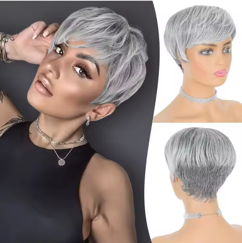 Pixie Cut Wigs Synthetic Short Ombre Gray Pixie Haircut Wig with Bangs Glueless Layered Wig Wavy Grey to Black Wigs for Women