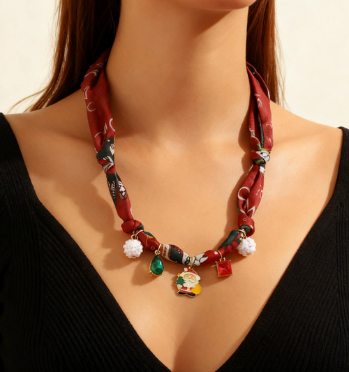 Scarf Necklaces with Charm for Women Boho Bandana Necklaces Vintage Scarf Pendant Necklace Adjustable Tie Statement Choker Necklace Halloween Christmas Jewelry Gift for Women