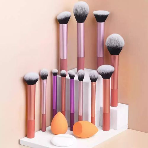 12pcs Multi-Functional Makeup Brush Set Including Powder Brush, Blush Brush, Foundation Brush, Eyeshadow Brush, Blending Brush, Contour Brush, Along With An Oblique Cut Makeup Sponge, Rounded Makeup Sponge, And White Powder Puff,Summer