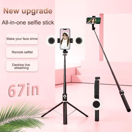 New 67'' Phone Tripod with Fill Light & Remote, Selfie Stick Tripod, Extendable Stand, Portable Travel Accessory (Compatible with all iPhone & Android）
