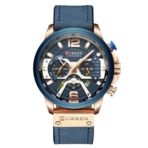 2025 Curren 8329 Men's Quartz Watch – Luxury Leather Strap, Calendar, 6-Hand Chronograph, 5 Colors (Rose Blue Rose Black Gold Black Black Khaki White Black)