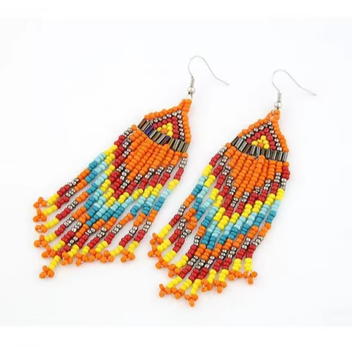 Hot-selling item! Bohemian-style colorful rice bead geometric long earrings, with bold colors, convey freedom and individuality.