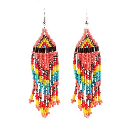 Hot-selling item! Bohemian-style colorful rice bead geometric long earrings, with bold colors, convey freedom and individuality.
