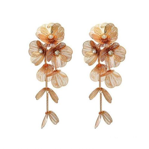 New Fashion Exaggerated Design Gold & Silver Metal Petal Diamond Earrings - Waterfall Fish Tail Pattern Long Tassel Dangle Earrings with Diamond-Inlaid Flower & Leaf Details, Luxury Elegant Tassel Drop Earrings for Party & Wedding