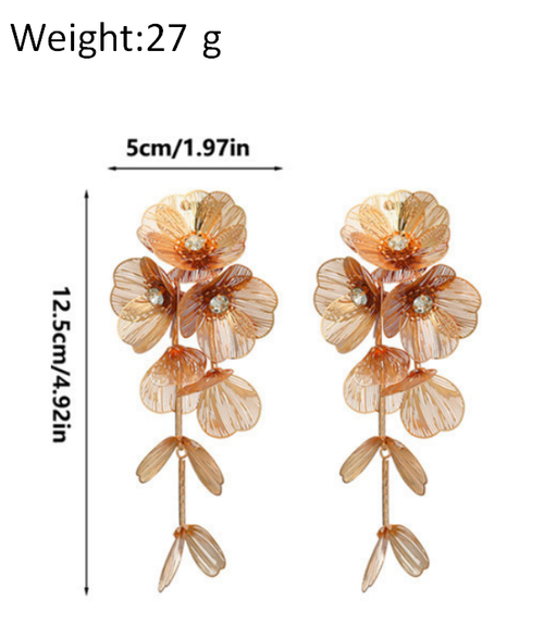 New Fashion Exaggerated Design Gold & Silver Metal Petal Diamond Earrings - Waterfall Fish Tail Pattern Long Tassel Dangle Earrings with Diamond-Inlaid Flower & Leaf Details, Luxury Elegant Tassel Drop Earrings for Party & Wedding