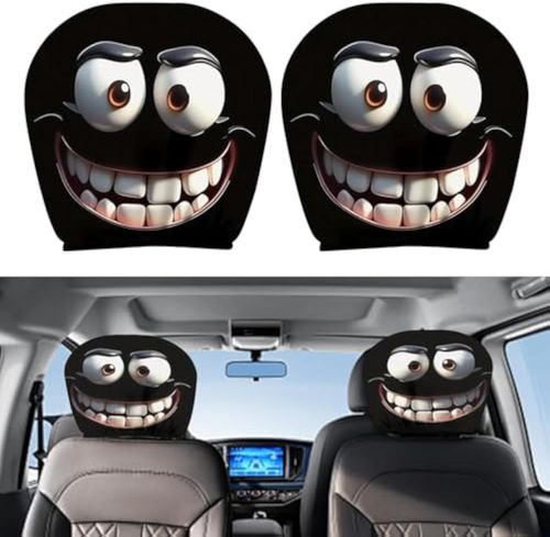 Black Funny Cartoon Car Headrest Covers - Universal Elastic Style, Perfect for Car Interior Decoration & Unique Gift Idea