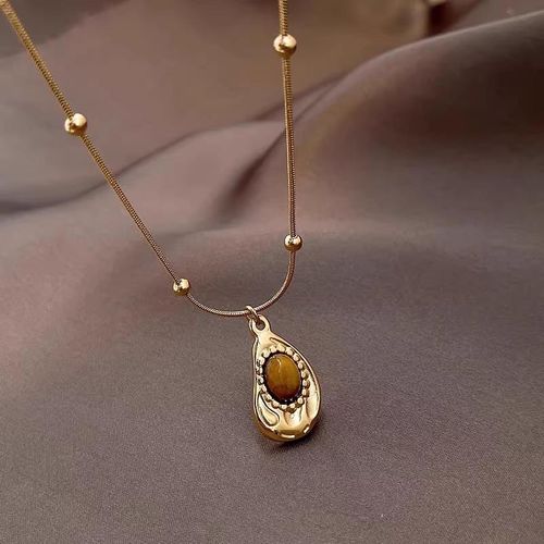 HWASAN New Luxury 18K Gold Plated Tiger Eye Titanium Steel Necklace – Maillard Fall Winter Niche Korean Design, Irregular Long Choker for Sweater & Hoodie Styling