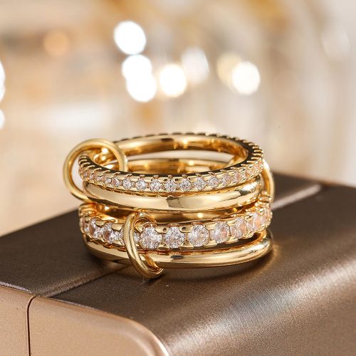 Two-Tone Interlocking CZ Stackable Rings – Gold-Plated Copper Multi-Layer Statement Ring Set (2 4 5 Loops) for Women