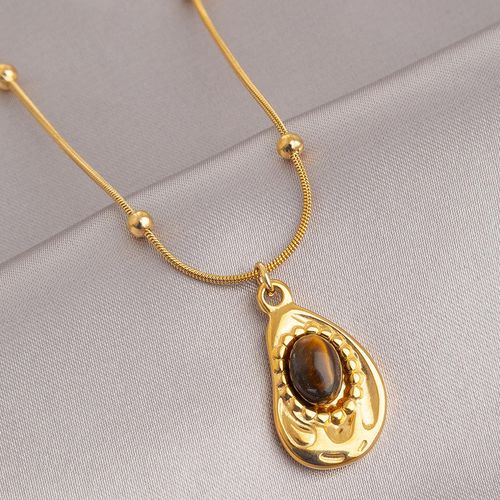 HWASAN New Luxury 18K Gold Plated Tiger Eye Titanium Steel Necklace – Maillard Fall Winter Niche Korean Design, Irregular Long Choker for Sweater & Hoodie Styling