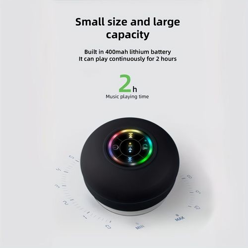 Black Version Mini Bluetooth Speaker with Built-in Suction Cup - LED Light, Hands-Free Calling, Waterproof for Bathroom & Home Use Wireless Speaker ​