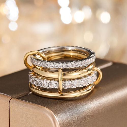 Two-Tone Interlocking CZ Stackable Rings – Gold-Plated Copper Multi-Layer Statement Ring Set (2 4 5 Loops) for Women