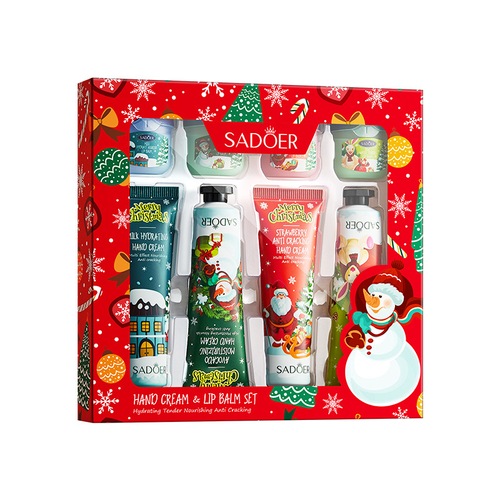 SADOER 8PCS Christmas Hand Cream & Lip Balm Set – Moisturizing Repair Anti-Chapped, Natural Organic Shea Butter, Nourishing Gift Set for Autumn Winter