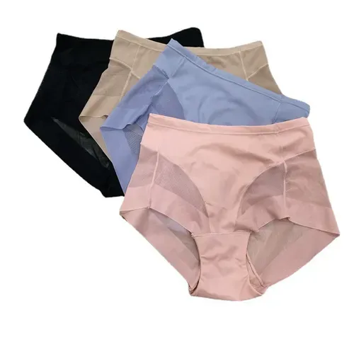 Mid-waist women's transparent mesh briefs, waist and abdomen comfortable ice silk women's underwear large size, buy 1 get 3 free