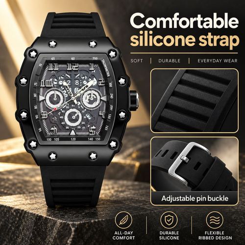 Tonneau Quartz Watch with Luminous Hands & Silicone Strap