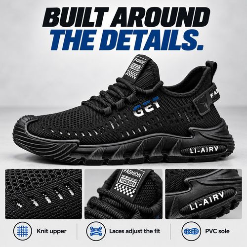 Black Breathable Knit Lace-Up Sneakers