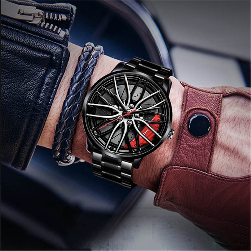 New Men's Watch Rotating Dial Car Clock Stainless Steel Strap Fashion Sports Style Quartz Movement Casual Watch