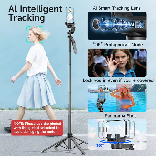 AI Tracking Gimbal Stabilizer, 1.83m Tripod, Quadruped Selfie Stick for Mobile Phone Photography, Action Camera Port
