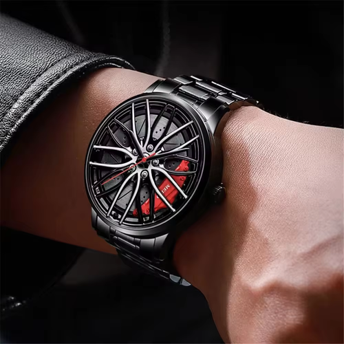 New Men's Watch Rotating Dial Car Clock Stainless Steel Strap Fashion Sports Style Quartz Movement Casual Watch