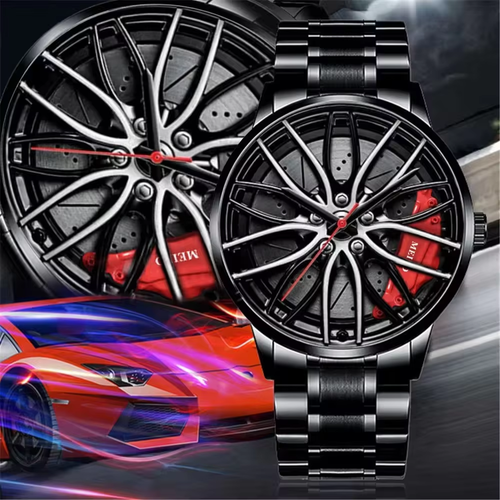 New Men's Watch Rotating Dial Car Clock Stainless Steel Strap Fashion Sports Style Quartz Movement Casual Watch