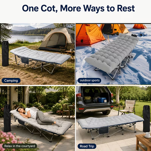 Portable, foldable camping cot for adults, made of double-layer Oxford fabric.