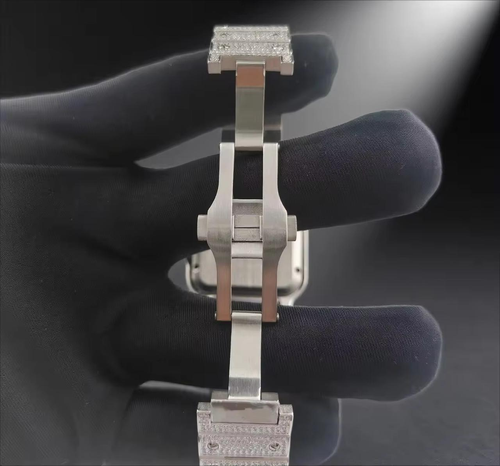 Men's Luxury Hip-Hop Style Square Watch – Iced-Out Diamond-Studded Design, Quartz Movement, Water-Resistant, Crystal Glass, Silver Finish with Roman Numerals.