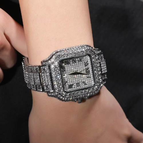 Men's Luxury Hip-Hop Style Square Watch – Iced-Out Diamond-Studded Design, Quartz Movement, Water-Resistant, Crystal Glass, Silver Finish with Roman Numerals.