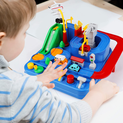 Plastic Car Adventure Race Track Toy with Train Parking Lot Inertia Sliding Vehicle Set Educational Puzzle Game