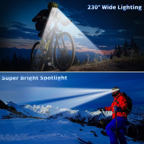 230° wide angle LED headlamp with motion-sensing function supports USB charging and features 5 lighting modes ideal for night work, outdoor fishing, and other activities.