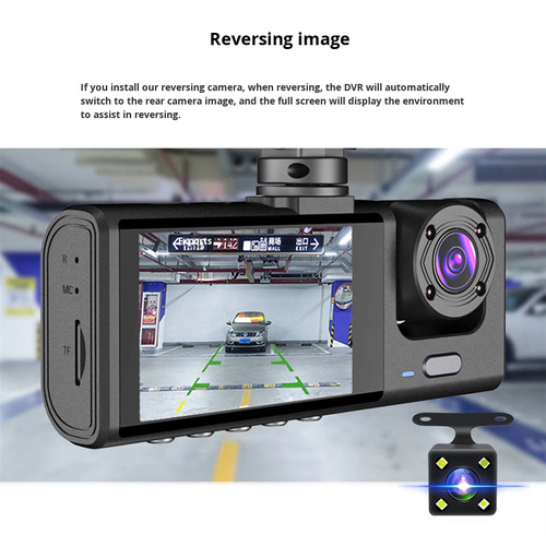 3-Camera Dash Cam with 120 Angle Reversing Motion Detection & Loop Recording for Front Windshield Installation