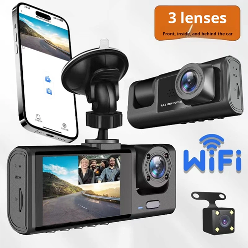3-Camera Dash Cam with 120 Angle Reversing Motion Detection & Loop Recording for Front Windshield Installation