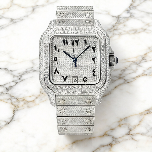 Men's Luxury Hip-Hop Style Square Watch – Iced-Out Diamond-Studded Design, Quartz Movement, Water-Resistant, Crystal Glass, Silver Finish with Roman Numerals.