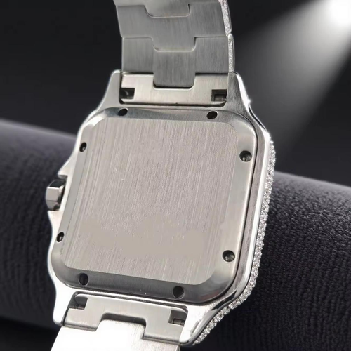 Men's Luxury Hip-Hop Style Square Watch – Iced-Out Diamond-Studded Design, Quartz Movement, Water-Resistant, Crystal Glass, Silver Finish with Roman Numerals.