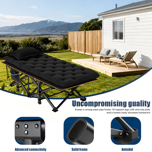 Portable, foldable camping cot for adults, made of double-layer Oxford fabric.
