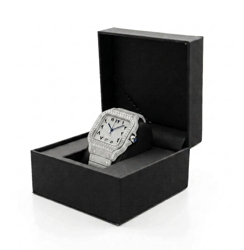 Men's Luxury Hip-Hop Style Square Watch – Iced-Out Diamond-Studded Design, Quartz Movement, Water-Resistant, Crystal Glass, Silver Finish with Roman Numerals.