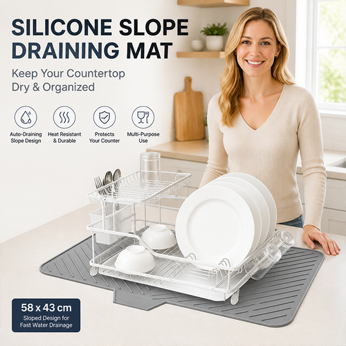 10mm Thick Rectangle Silicone Dish Drying Mat Slope Drain Kitchen Counter Non Slip Heat Resistant Sink Drying Pad
