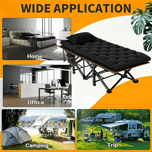 Portable, foldable camping cot for adults, made of double-layer Oxford fabric.