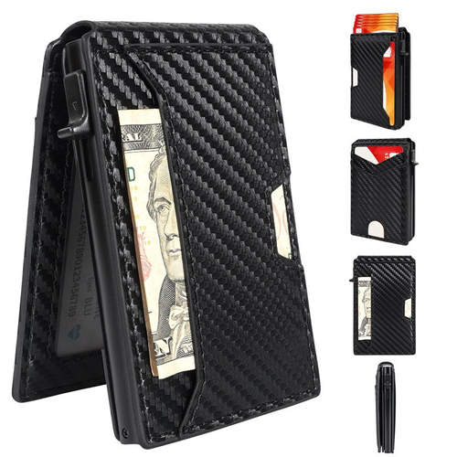 🎁Minimalist Slim Wallet – Leather RFID-Blocking Wallet with Pop-Up Aluminum Card Holder