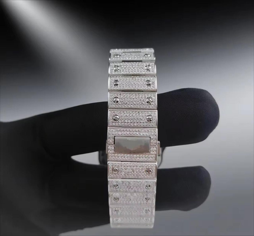 Men's Luxury Hip-Hop Style Square Watch – Iced-Out Diamond-Studded Design, Quartz Movement, Water-Resistant, Crystal Glass, Silver Finish with Roman Numerals.