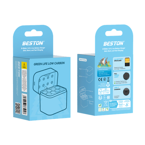 Rechargeable AA Lithium Battery Charger (8-Pack, 3600mWh) with 8-Slot Storage Case – 1.5V, 2A Output