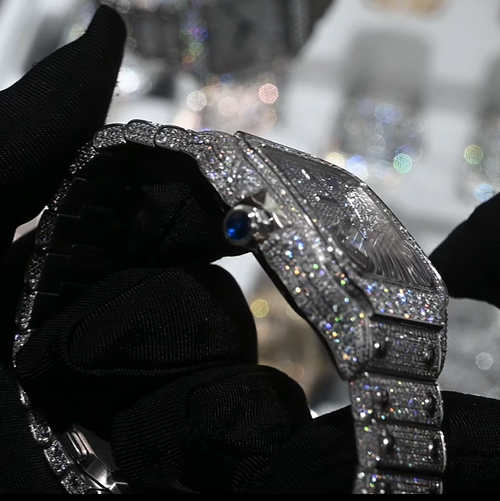 Men's Luxury Hip-Hop Style Square Watch – Iced-Out Diamond-Studded Design, Quartz Movement, Water-Resistant, Crystal Glass, Silver Finish with Roman Numerals.